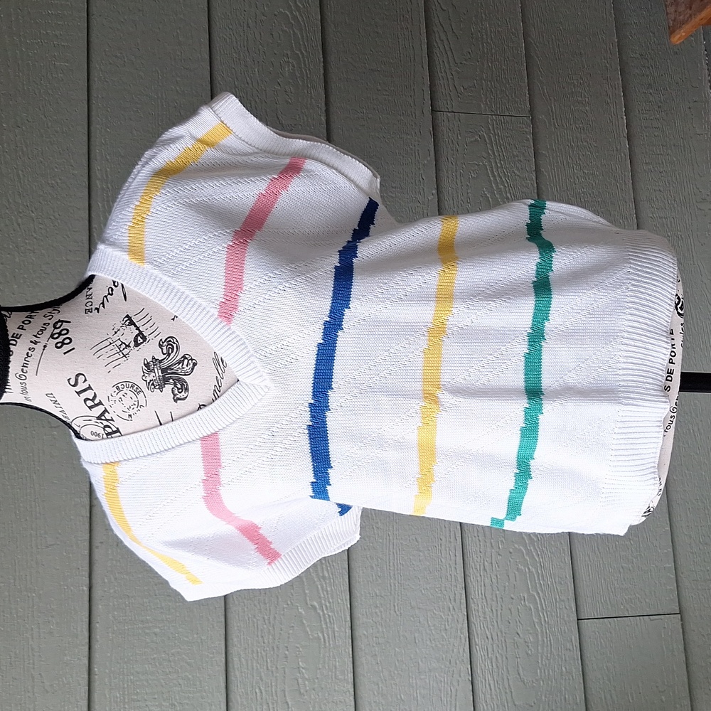 Vintage 80s 90s Catalina White Multicolor Stripe Short Aleeve Sweater Size Large